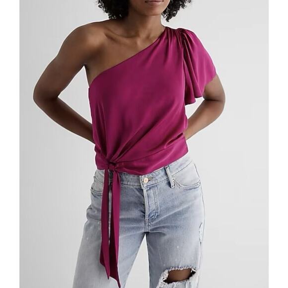 Express Women's Satin One Shoulder Tie Waist Top Bright Pink Size XS - NWT $64 - Picture 1 of 16